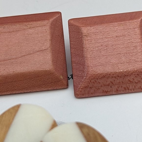 Vintage Wooden Pierced Earrings Fabulous 1970's Post Geometric One is Bone-Wood - Picture 2 of 7